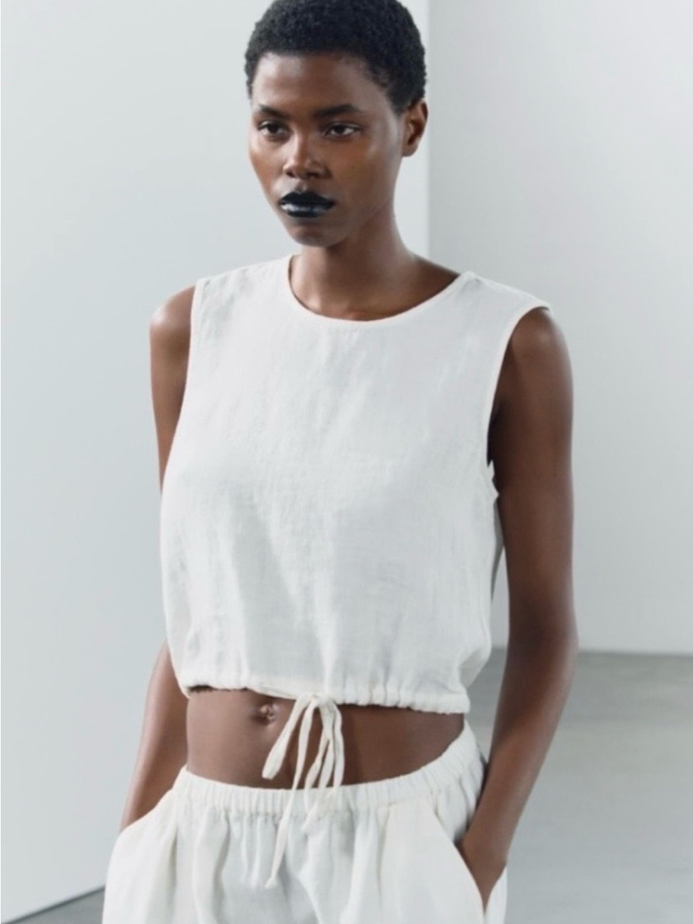 Zara White Linen Sleeveless Drawstring Hem Bubble Boxy Crop Top NWT